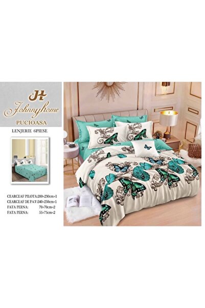 OEM Reversible double bed linen set, 6 pieces, turquoise butterflies, for , 240x250cm, satin