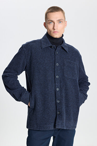 AC&Co / Altınyıldız Classics Чоловічий темно-синій оверсайз широкий виріз класичний комір Yunlu морщинистий візерунок фланелевий короткий піджак Сорочка