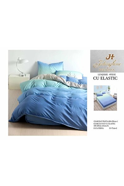 OEM Lenjerie de pat dublă cu două fețe, Degrade, 4 piese, 180x200cm, bumbac satinat, albastru