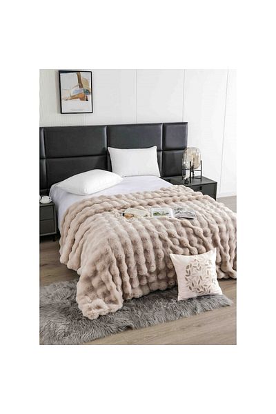 JOJO HOME Lux Blanket, Faux Rabbit Fur, Zipper, 200x230cm, Uni, Beige