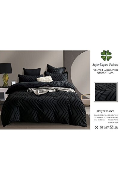 Pucioasa Double Bed Set, Velvet Jacquard Grofat Lux M1, Pucioasa, 6 Pieces, Black