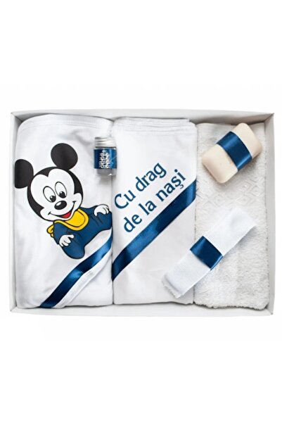 OEM Trusou Botez Baieti, 6 piese, 'Cu drag de la Nasi', Baby Mickey, Alb-Bleu...