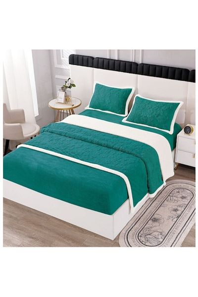 OEM Bed linen with fur, knitted pattern, elastic, 180x200 cm, green-white