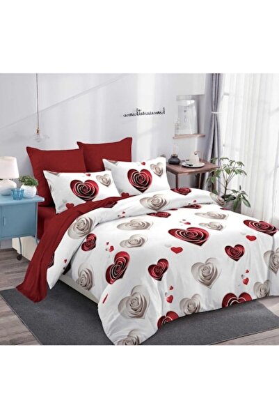 OEM Double Bed Linen Set, Heart Roses Print, Reversible, 6 Pieces