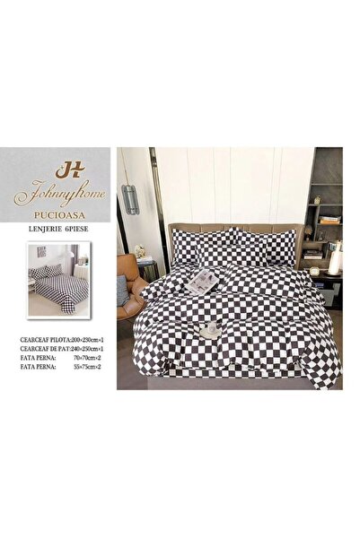 OEM Double bed linen, plaid print, 2 persons, 240x250cm, white-black, finet
