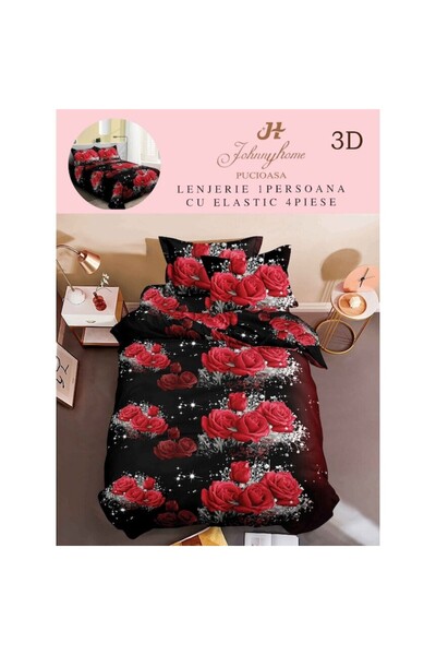 OEM Lenjerie de pat, Finet, Imprimeu 3D Multiplicat, 4 piese, 1 persoana, 155x200cm, Trandafiri Straluci