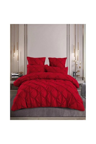 OEM Luxury Bed Linen Set, Uni, Embroidered Pleats Design, 6 Pieces, Finet, 235x240cm, Red