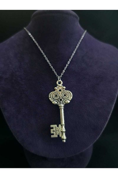 sarıyer silver Key Model Luck and Fate Themed Special Striped Embroidered Stylish Design Key Steel Necklace