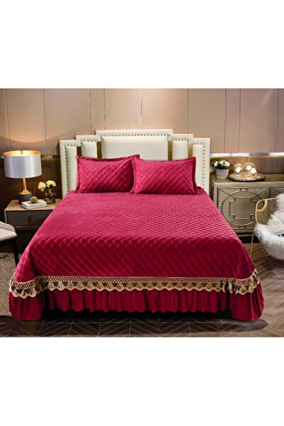 JOJO HOME Cuvertura si 2 fete de perna, Catifea, 2 persoane, 3 piese, Uni, 220X240cm, Rosu