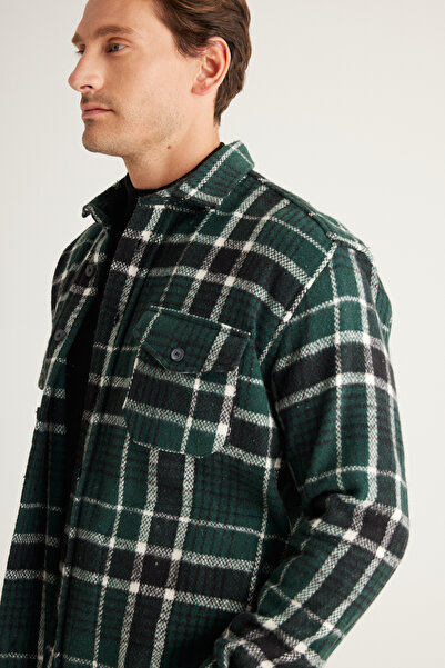 AC&Co / Altınyıldız Classics Men's Khaki-Black Oversize Loose Cut Button Collar Plaid Winter Shirt Jacket