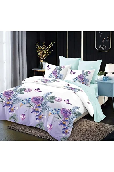 OEM Lenjerie de pat dublu, Finet, 6 piese, 2 persoane, imprimeu Trandafiri Lila si Fluturi, 230x250cm