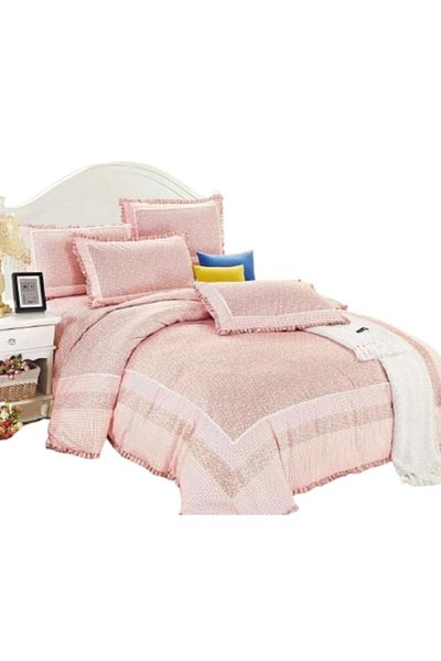 OEM Luxury Bedding Set with Ruffles, Floral Print, 4 Pieces, Pink