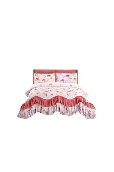 JOJO HOME Cuvertura si 2 fete de perna, Jojo Home, Finet, imprimeu floral, 3 piese, 2 persoane, 220x270cm, Alb