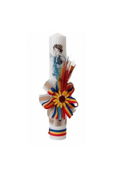 OEM Lumânare de Botez, Model Tradițional, Tarancus, Spikes de Grâu și Panglică Tricoloră, 35x5cm