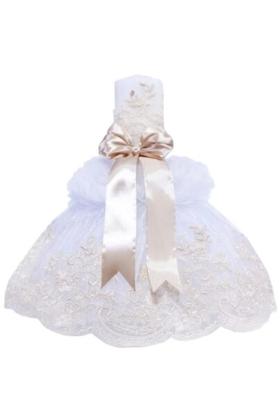 OEM Λαμπάδα Βάπτισης, Κεντητό Τούλι και Σατέν Κορδέλα, 45x7εκ., Λευκό-Κρεμ