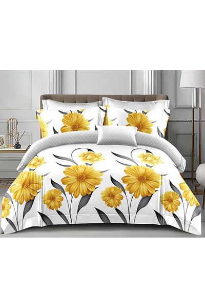 OEM Double Bed Linen Set, Two Sides, Yellow Flowers Print, 4 Pieces, 2 Persons, 180x200cm, Satin Cotton,