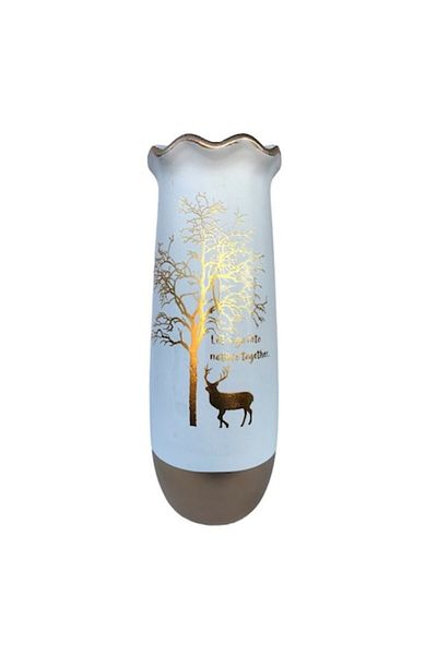 OEM Vază ceramică cu gură largă, design cu cerbi și copaci, albă, 11x30 cm
