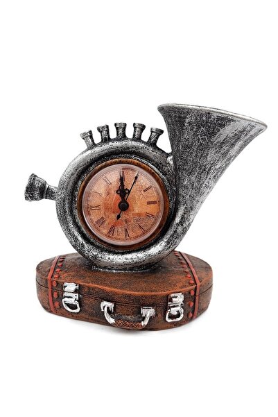 BV Trumpet with Clock, Mounted on Suitcase Shaped Stand, Gray