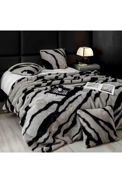 JOJO HOME Blanket and Pillowcases, Lux Model, Faux Mink Fur, Bicolor, 3 Pieces, 200x230cm, Black-Grey