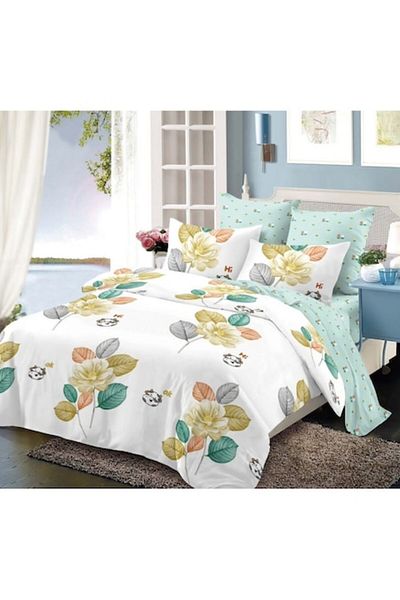 OEM Lenjerie de pat, Cearceaf cu Elastic, Finet, 6 piese, 2 persoane, Flori Pastel, 180x200cm, Multicolo