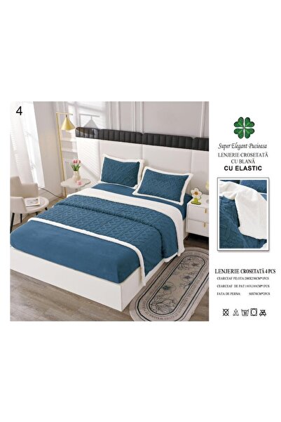 OEM Lenjerie cu blanita, model tricotat cu elastic, 180x200 cm, albastru