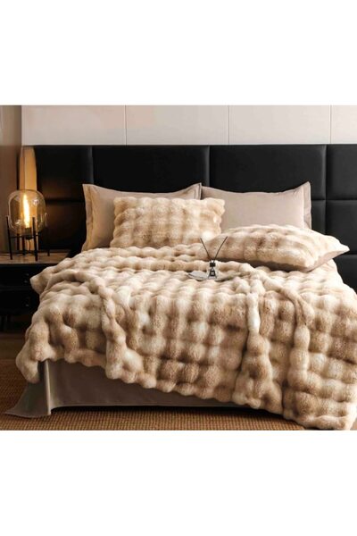 JOJO HOME Double bed linen, faux rabbit fur, gradient, 6 pieces, 2 persons, 230x250cm, cream-
