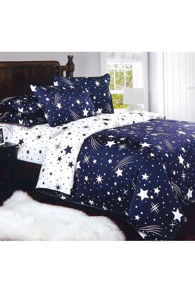 OEM Set de lenjerie de pat reversibil cu cearșaf elastic, Finet Starry Sky, single, 4 piese, 140x200cm, bleumarin
