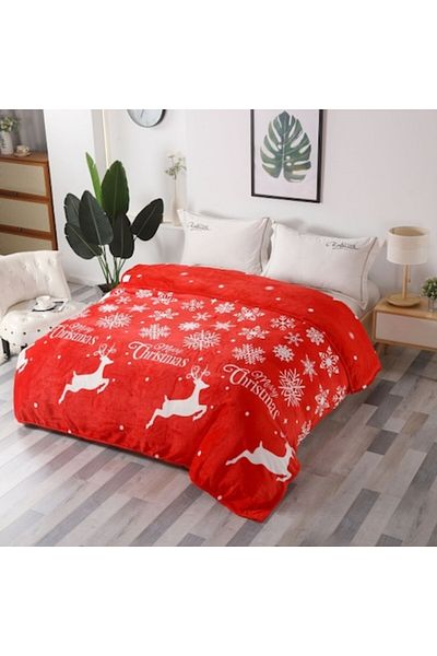 OEM Patura Dubla Cocolino, 2 persoane, 200x230cm, Imprimeu Craciun, Reni, Rosu-Alb