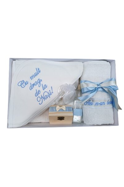 OEM Set Botez, „Cu multă dragoste de la nași”, 7 piese, albastru și alb