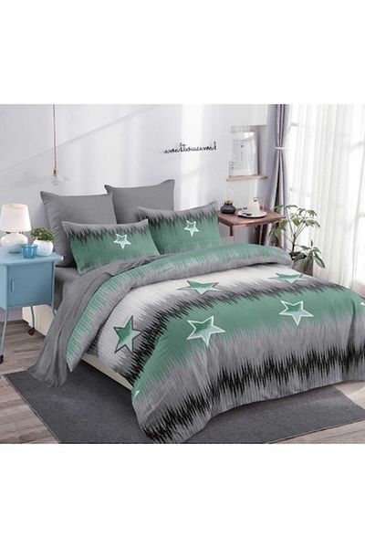 OEM Double Bed Sheet Set, Star Pattern, Reversible, 6 Pieces, 2 Persons, 230x250cm, Finet, Gray-Green