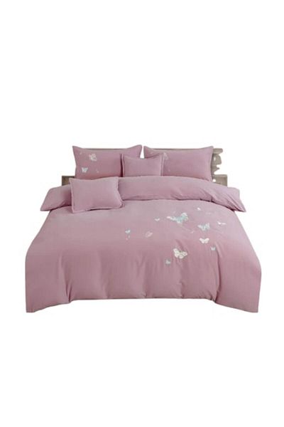 OEM Lenjerie de pat dublu, cu elastic, 180x200 cm, imprimeu fluturi, plamaniu