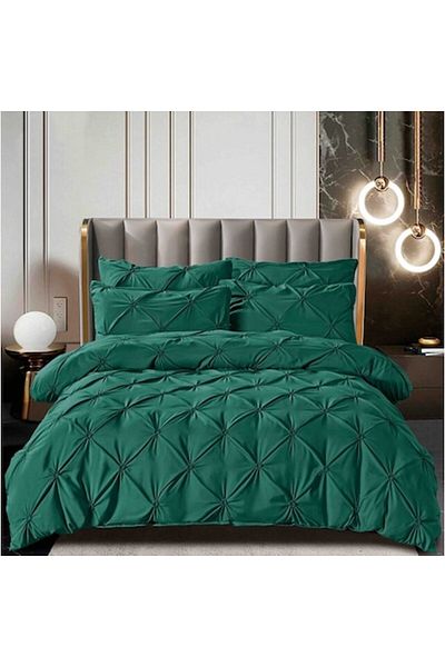 JOJO HOME Lenjerie de pat dublu, Jojo Home, Uni, Model Pliuri Brodate, 6 piese, Finet, 160x200cm, Verde Smaral