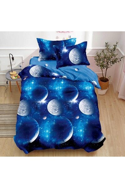 OEM Lenjerie de Pat, Finet Satinat, 1 Persoana, 150x220 cm, 4 Piese, Imprimeu Planete, Bleumarin-Alb