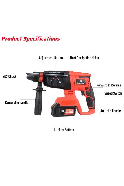 GearZone Cordless Electric Hammer Drill, High Power, for Concrete & Wood Drilling, With 2pc Batteries-Red