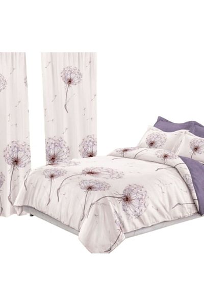 OEM Elegant Bed Set, Bedding and Curtains, 8 Pieces, Fine Dandelion Print, Purple-Lilac