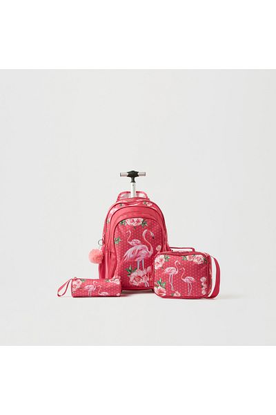 Juniors 3-Piece All-Over Flamingo Print Trolley Backpack Set - 18 inches