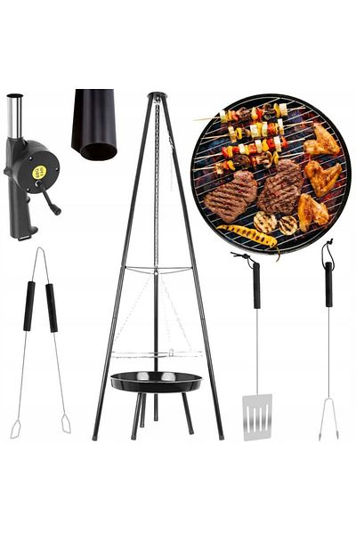 KRUZZEL Barbecue with tripod and blower, adjustable height, stainless steel, utensils