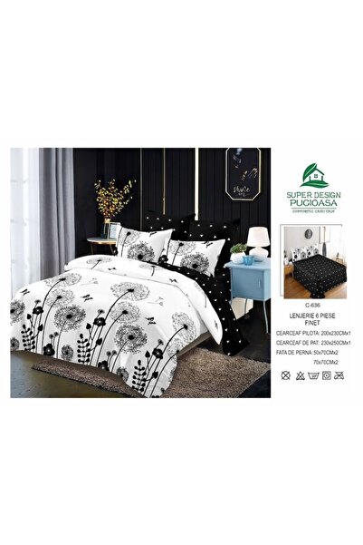 OEM Lenjerie de pat, Finet, 6 piese, 2 persoane, 230x250cm, Imprimeu Papadie, Alb-Negru