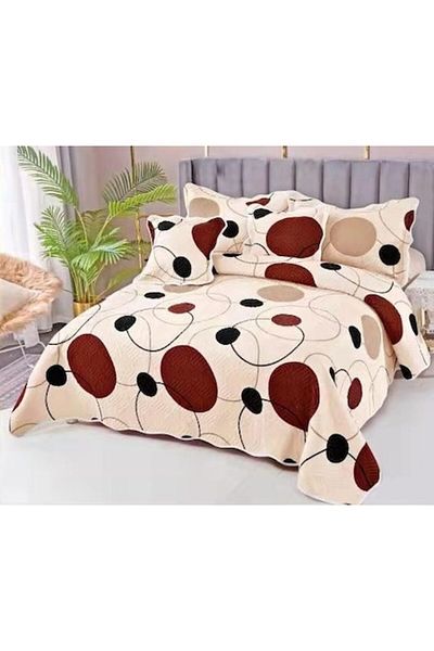 OEM Quilt and 4 quilted pillowcases, Cotton, 5 pieces, 2 persons, Circles print, 230x250cm, Beige