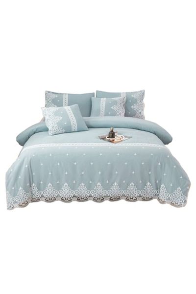 OEM Set de lenjerie de pat elegant, dantelă premium din bumbac, 6 piese, pat dublu, 180x200cm, bicolor, alb-albastru cer