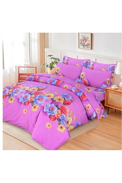OEM Double Bed Linen, 6 Pieces, Floral Print on Pink Background, Multicolor