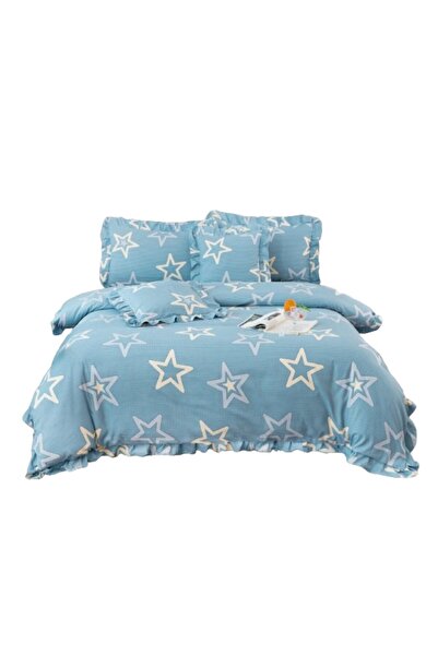 OEM Set lenjerie pat de lux, bumbac, cu volane, stele în două tonuri, 6 piese, 180x200cm, albastru-