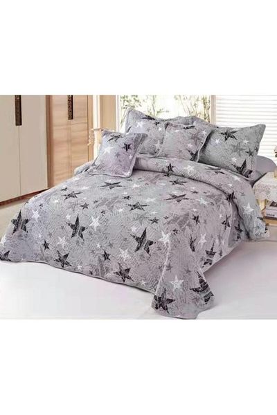OEM Quilt and 4 quilted pillowcases, Cotton, 5 pieces, 2 persons, Star print, 230x250cm, Gray