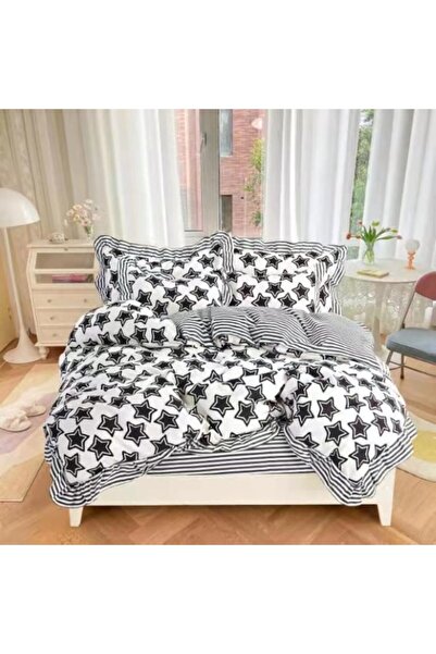 OEM Lenjerie de pat, 6 piese, 2 persoane, 230X250cm, Finet, Imprimeu Stele, Alb-Negru