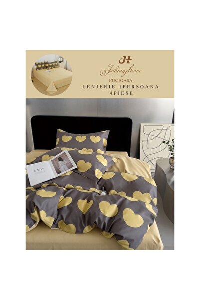 OEM Bed Linen Set, Heart Pattern, 4 Pieces, Single, 155x220cm, Finet Satin, Yellow-Grey