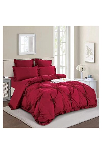 OEM Double Bed Linen, Uni, Embroidered Heart Pattern, 6 Pieces, Finet, 180x200cm, Bordeaux