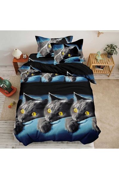 OEM Lenjerie de pat, Finet, Imprimeu 3D Multiplicat, 4 piese, 1 persoana, 155x200cm, Pisica, Negru-Albas