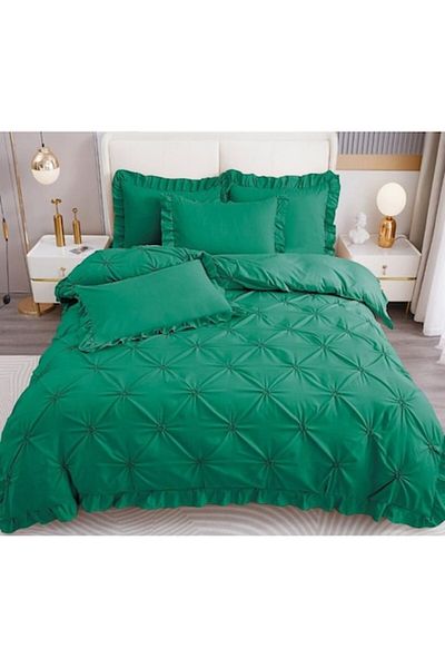 OEM Lenjerie brodată de pat dublu, Finet, Uni, 4 piese, 2 persoane, 230x250cm, Verde Smarald
