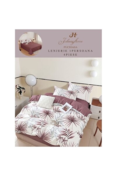 OEM Bed linen set, palm leaves, 4 pieces, single person, 155x220cm, fine satin, white-brown