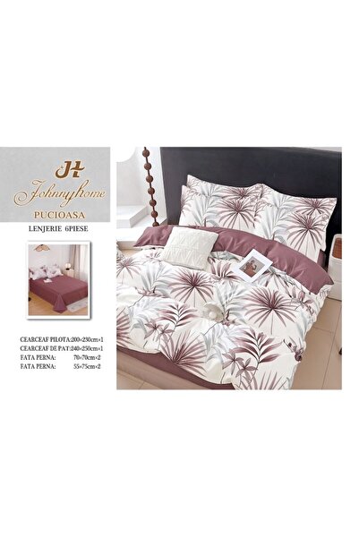 OEM Double bed linen set, 6 pieces, for , cotton satin material, palm leaves, white-brown